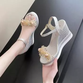 fashion Gold Silver Glitters Wedge Sandals Women Buckle Strap Chunky Platform Sandles Woman Summer Non-Slip Thick Sole Sandalias Mujer 35 золотой