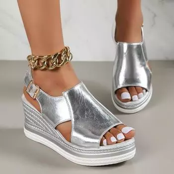 fashion Gold Silver Peep Toe Wedge Sandals Women Summer Back Strap Thick Platform Sandles Woman Fashion Pu Leather Buckle Roman Shoes 43 36 серебряный