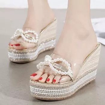 Fashion Gold/silver Super High heels women sandals pearl strings bow slippers platform summer shoes straw pattern ball rivets muffins 4.5 золотой