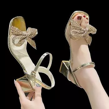 мода Золотые серебристые босоножки с бантом на каблуке с кристаллами, женские летние босоножки с ремешком на щиколотке и толстым каблуком, женские босоножки с пряжкой и квадратным носком для вечеринок 35 серебряный