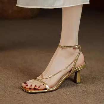 Fashion Golden Roman Sandalias Mujer Fine Heel Summer Fashion Sexy Chain Square Head Open Toe Versatile High Heels Wedding Shoes Bride 35 золотой