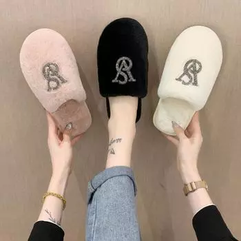 Fashion Hairy Cotton Slippers Women Autumn Winter New Warm Footwear Home Bright Diamond Slippers Fashion Outer Wear Women s Flat Shoes 36-37 розовый