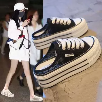 Fashion Half Slippers Women s Summer 2024 New Versatile Thick Bottom No Back Heel Breathable Mesh Lazy One Step Skating Cool Slippers 35 бежевый