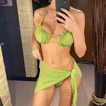 мода Холтер с саронгом оборками морщинистый бикини женский купальник женский купальник из трех частей комплект бикини купальный костюм купальный костюм плавание S зелёный