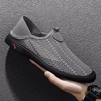 Fashion Handmade Sneakers Men Breathable Mesh Shoes Lightweight Casual Walking Shoes Slip-On Driving Man Loafers Hollow Out Summer Flats 38 серый