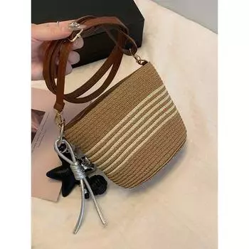 Fashion Handmade Straw Woven Small Bag Female 2025 New Arrival Seaside Holiday Woven Bag Versatile Crossbody Bag Bucket Bag Summer Beige Stripes