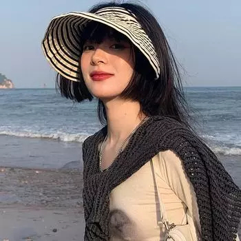 Модная шляпа женская летняя модная универсальная шляпа от солнца топлес летняя черно-белая полосатая велосипедная солнцезащитная складная шляпа с полым верхом Tide M56-58cm бежевый