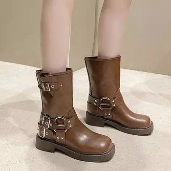 Fashion Heel 5.5cm Women Biker Boots Fashion Belt Buckle Ladies Elegant Platform Flats Short Booties Casual Women s Knight Booties 35-40 35 чёрный