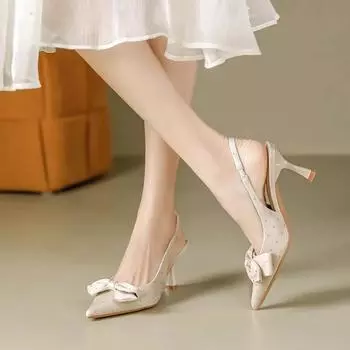 Fashion Heel Shoes Rear Trip Black Pointed Shoes Sandals Women s Summer Thin Heel Adult Ceremony Bow Pumps Women Shoes 35 бежевый