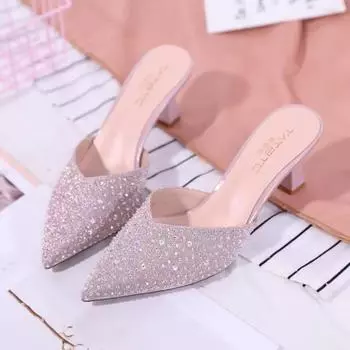 Fashion Heeled Sexy Jewels Slides Mules Crystals Women s Slippers and Ladies Sandals Rhenstone Indoor Shoes Summer 2024 Y Chic Elegant 35