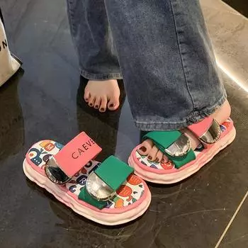 Fashion heightening thick-soled cool slippers women s one-word drag 2024 new outer wear stepping on shit graffiti niche beach sandals 35 розовый