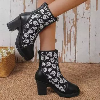 Модные высокие сапоги с толстым каблуком и коротким круглым носком, застежкой-молнией, на широком высоком каблуке для женщин, подходящих для торжественного наряда. 35 чёрный