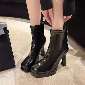 Fashion High Heel Boots Women s New Summer 2024 Internet Red Super Hot Slim Versatile Square Head Back Zipper French Short Boots 34 чёрный