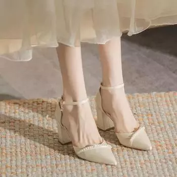Fashion High Heel Buckle Design Women s Stilettos Mid-air Sensibility Niche Pointed-toe Single Shoes New Spring Summer 2024 34 бежевый
