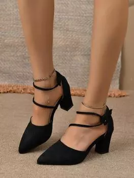 fashion High Heel Hollow Fashion Women s Shoes 2024 Summer New Large Size Pointed Buckle Thick Heel Women s Sandals 34 чёрный