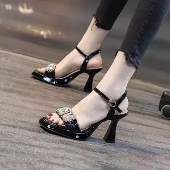 Модные босоножки с открытым носком и стразами на высоком каблуке для женщин, лето 2024 г., новые женские туфли в корейском стиле на толстом квадратном каблуке 34 чёрный