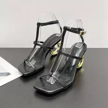 Fashion High Heel Sandals Summer New Square Head Open Toe Cross Thin with Temperament Abnormity with Women s Shoes 34 чёрный