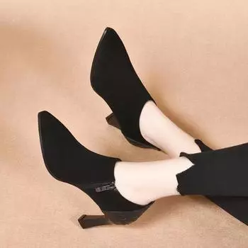 Fashion high-heeled deep-mouth single shoes women s spring new temperament pointed sheepskin black woven side zipper bare boots 35