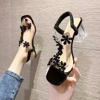 Fashion High-heeled Sandals Women s 2024 Summer New Style Fashion Small Flower Decoration Buckle Transparent Square Heel Women s Shoes 34 чёрный