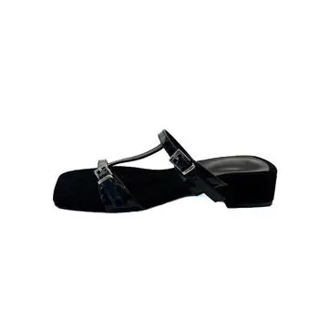 Fashion high-heeled slippers women s outer wear temperament square head word with buckle cool slippers high-end thick-heeled women s sandals large siz 35