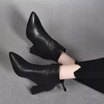 Fashion high-heeled small bare boots autumn and winter new pointed fashion boots natural wrinkled sheepskin thick-heeled short boots 35