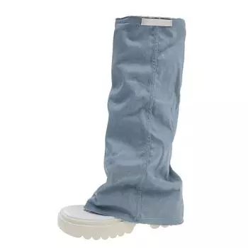 Fashion high-heeled thin summer open-toed pants boots personalized toe thick-soled denim wrinkled boots blue cool boots 35