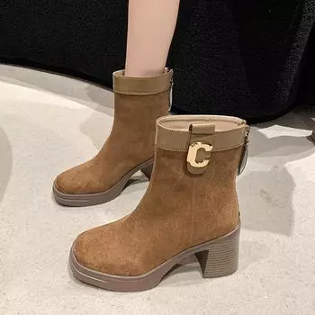 fashion High Heels Ankle Women Boots Suede Shoes Winter Trend 2025 Brand New Chelsea Chunky Fashion Boots Outdoor Walking Botas Mujer 35 чёрный