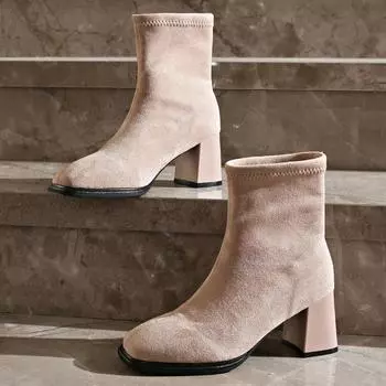 мода Высокие каблуки Ботильоны женские зимние сапоги мода квадратный носок замшевые туфли женские зима 2025 тренд офисная обувь элегантные туфли-лодочки Botas Mujer 36 абрикосовый