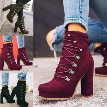 Fashion High Heels Europe Style Autumn & Spring Vintage Cow Suede Women s Shoes Retro hot Boots Female Ankle Boots Lace-Up 2024 New 35 вино красного