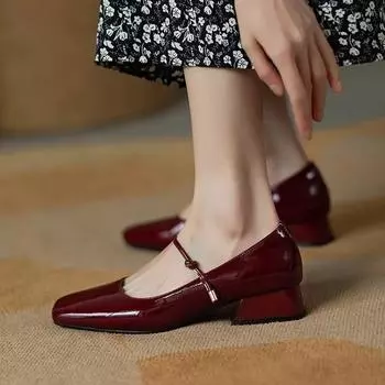 Fashion High Heels French Dress Party Shoes for Woman Platform Patent Leather Mary Jane Burgundy Black Square Toe Mid-heel Pumps 2024 34 бордовый