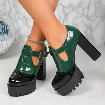 fashion High Heels Leather Woman Chunky Shoes Fashion Autumn Dress Walking Shoes Women 2024 Trend Pumps Elegant Designer Femme Zapatos 36 зелёный