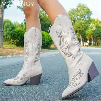 fashion High Heels Pointed Toe Woman Mid Calf Boots Designer Chunky Fashion Walking Shoes 2024 Winter Brand Dress Chelsea Botas Mujer 36 белый