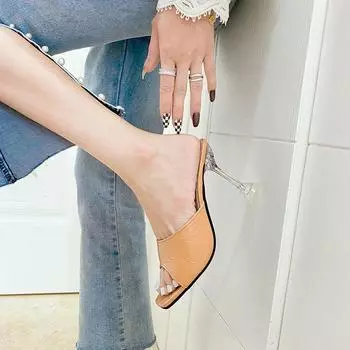 Fashion High Heels Sexy Thin Heels Party Shoes Square Toe Open Toe Sandals Women Stripper Shoes 2024 New Summer Women s Slippers 34 чёрный