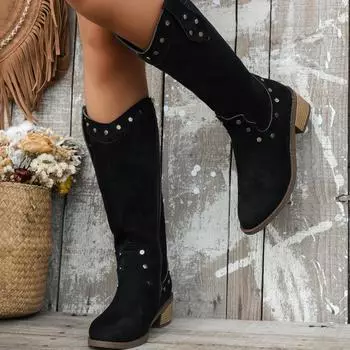 Модные высокие каблуки замшевые женские длинные ботинки челси 2024 года с острым носком массивные туфли зимние высокие ретро-мотоциклетные ботинки 36 верблюд