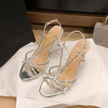 Fashion High Heels Summer New Round Head Fine with Patent Leather Open-toe Rhinobaras A Word Fine Buckle Sandals Woman 35 серебряный