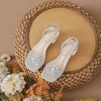 Fashion High Heels Summer New Square Head Flower Transparent Strap Sandals Open Toe Crystal Thick Heel Women s Shoes 35