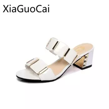 Fashion High Heels Summer Women Sandals Square Heels Peep Toe Sandals for Female Cutouts Outdoors Slippers for Women 4.5 белый