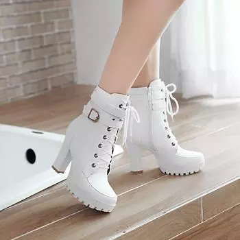 Fashion High Heels Women Ankle Boots Lace Up Fall Winter Platform Ladies Boots Large Size Fashion Shoes White Black Brown 659 3 белый