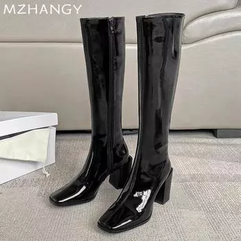 Fashion High Heels Women High Boots Leather Square Toe Chunky Shoes 2025 Trend Winter Party Chelsea Boots Pumps Sexy New Mujer Botas 35