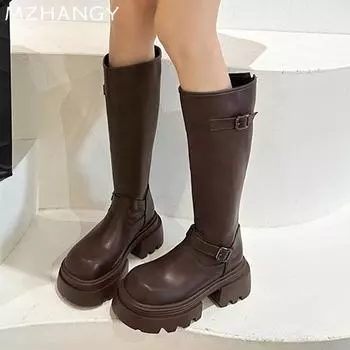 fashion High Heels Women Leather High Boots Designer Fashion Warm Motorcycle Boots Women 2025 Trend New Winter Dress Snow Botas Mujer 35 чёрный