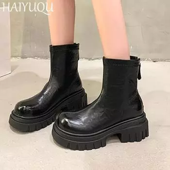 fashion High Heels Women Leather Snow Ankle Boots Designer Fashion Casual Walking Shoes Women 2025 Trend New Winter Warm Botas Mujer 35 чёрный