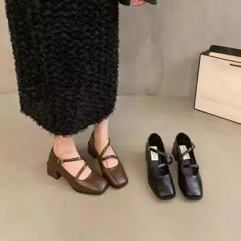 Fashion High Heels Women Mary Jane Shoes Chunky Square Toe Dress Autumn 2024 Shallow Fashion Lolita Luxury Pumps Zapatos Femme 35 коричневый