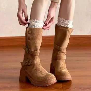 Fashion High Heels Women Snow High Boots Mid Calf Fashion Suede Platform Shoes Winter 2024 Trend Designer Goth Chunky Party Botas Mujer 35 хаки