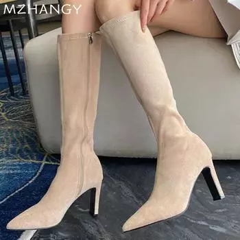 Fashion High Heels Women Suede High Boots Pointed Toe Sexy Elegant Shoes 2025 Trend Party Chelsea Boots Pumps Fad Winter New Mujer Botas 35