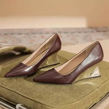 Fashion High Quality Fashion Pointy Toe Wedge High Heel Mules Shoe Women Luxury Designer Elegant Leather Women Shoes Banquet Work Heels 35 бордовый