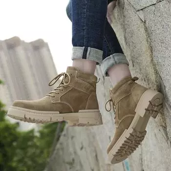 Fashion High Quality High Top Boots Men s Leather Shoes Fashion Motorcycle Ankle TrendBoots For Men Winter Boots Man Lace-Up Shoes 37 хаки