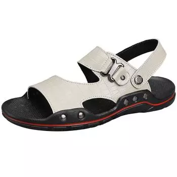 Fashion High Quality Men s Slippers with Double Button Design Trendy Fashionable Black White Flat Shoes New Summer Big Size: 38-48 38 бежевый