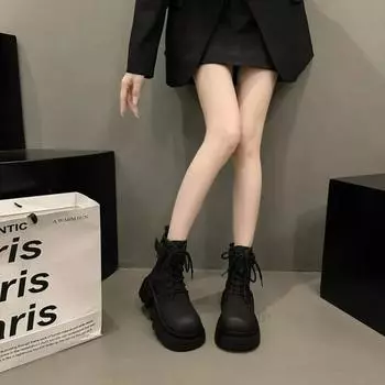 Модные высококачественные толстые круглые ботиночки на шнуровке, модные универсальные удобные нескользящие дышащие износостойкие женские ботинки 35 чёрный