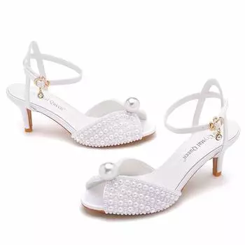 Fashion High Quality Wedding Shoes Women Pearls Studs Luxury Peep Toe White High Heels Buckle Designer Woman Sandal 43 Zapatos 34 белый