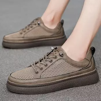 Fashion Hollow Out Skate Shoes Men Fashion Male Comfortable Outdoor Shoe Genuine Leather Mens All-match Sneakers Breathable Men s Flats 37 коричневый